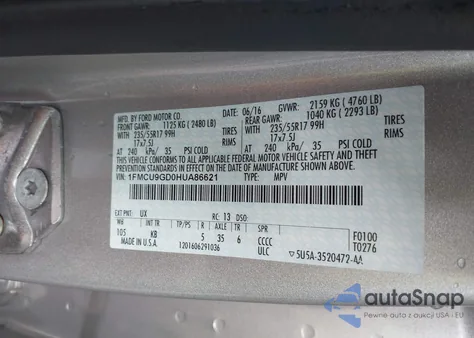 2017 Ford Escape Se из США, поврежденный, VIN 1FMCU9GD0HUA86621